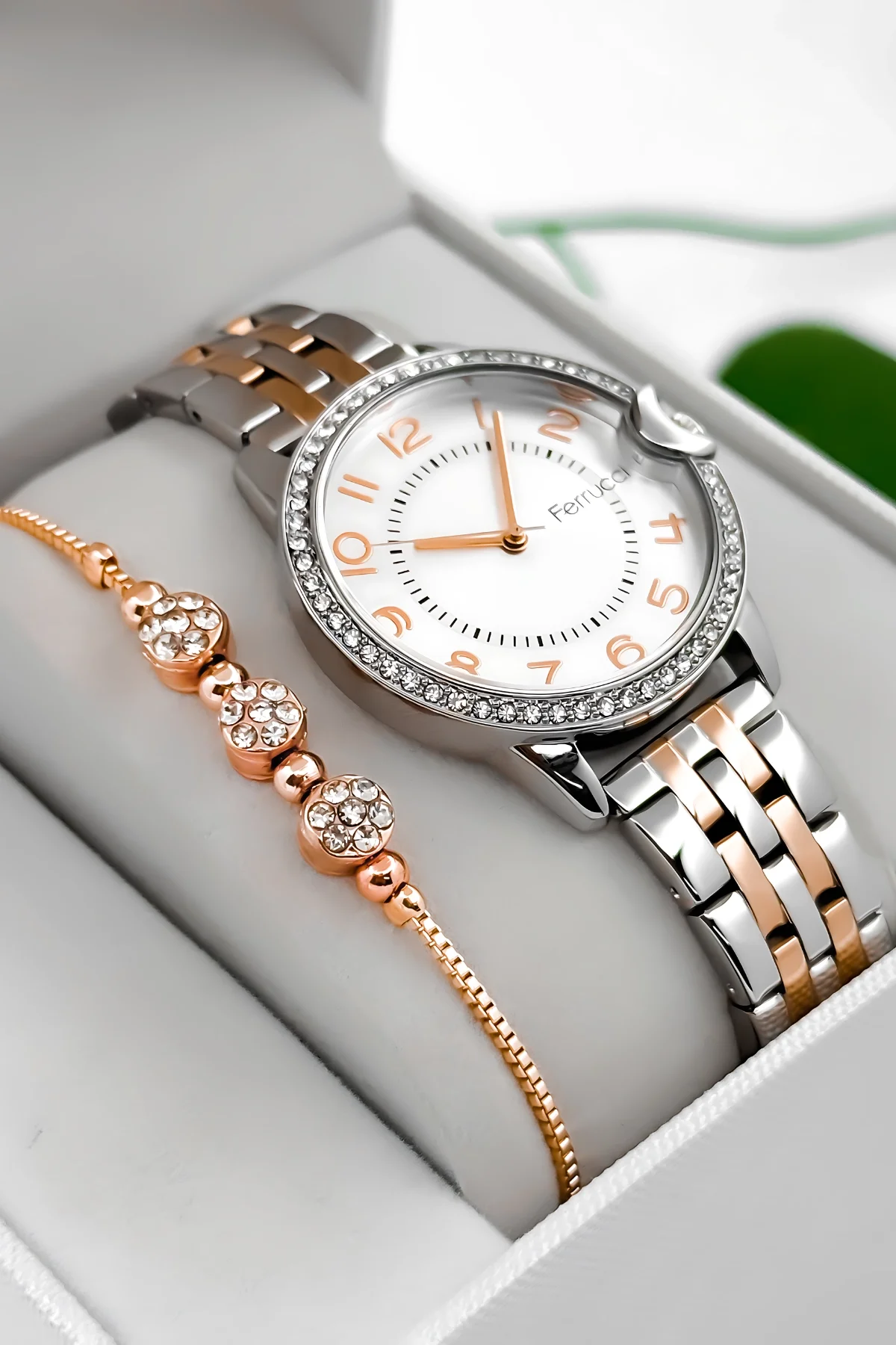 Ferrucci Taş Detaylı Kasa, Çelik Kordon Çelik Kasa Kadın Kol Saati, Gümüş-Rose zmfer200