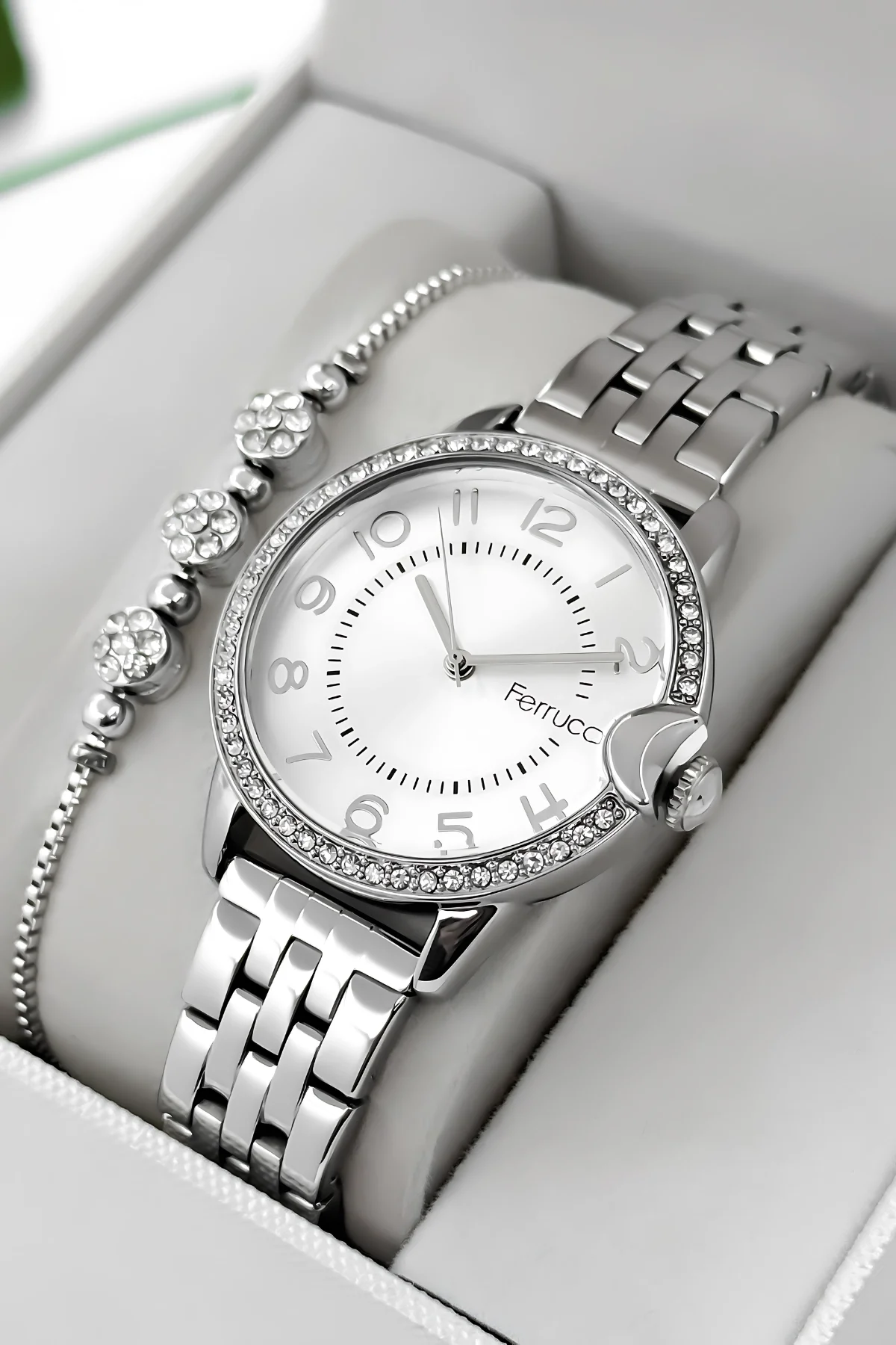 Ferrucci Taş Detaylı Kasa, Çelik Kordon Çelik Kasa Kadın Kol Saati, Gümüş zmfer200