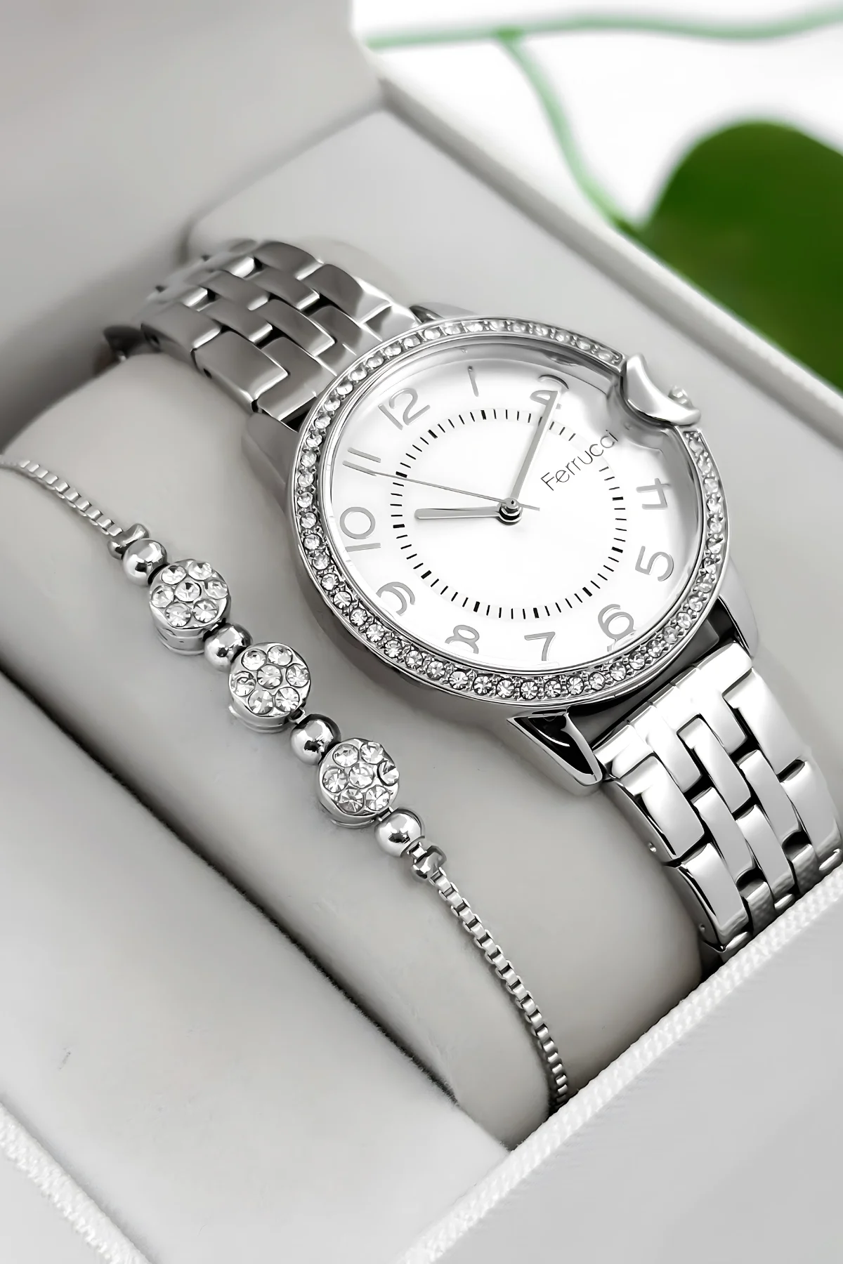 Ferrucci Taş Detaylı Kasa, Çelik Kordon Çelik Kasa Kadın Kol Saati, Gümüş zmfer200