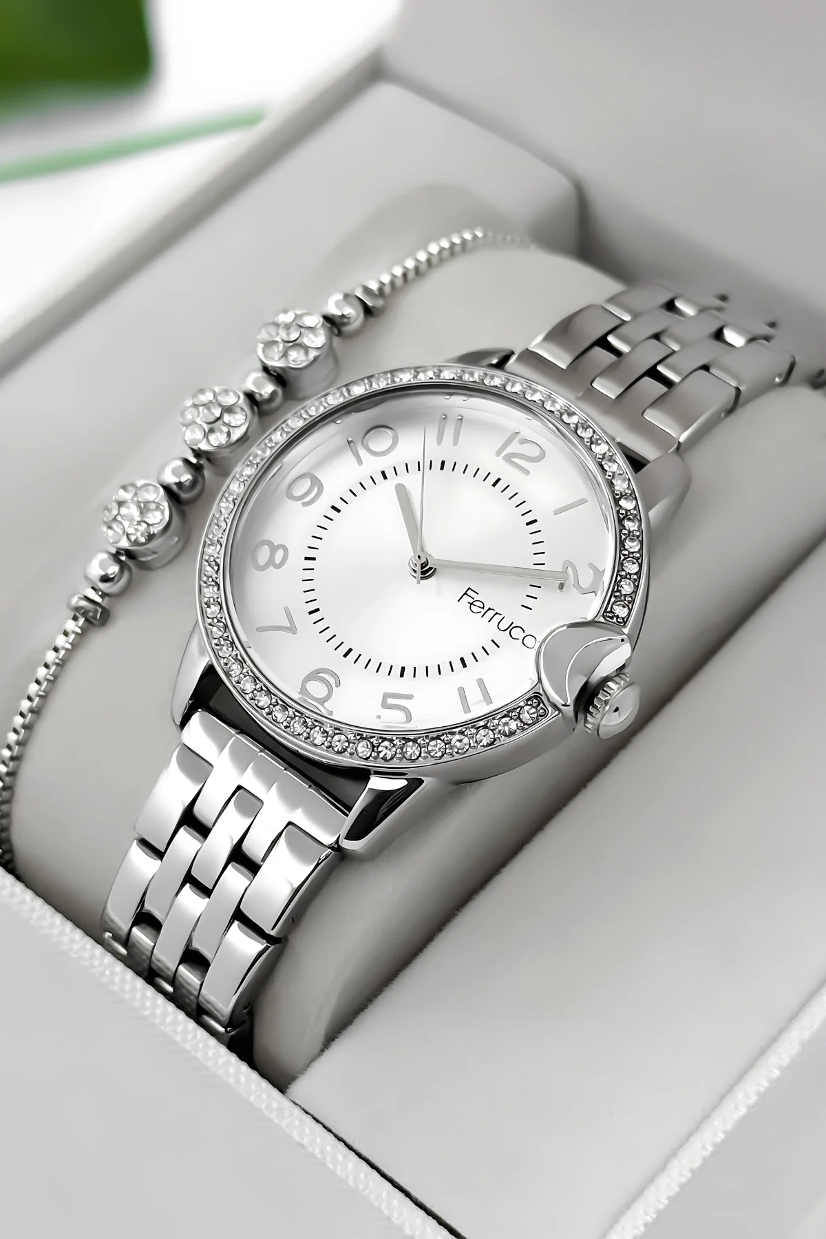 Ferrucci Taş Detaylı Kasa, Çelik Kordon Çelik Kasa Kadın Kol Saati, Gümüş zmfer200