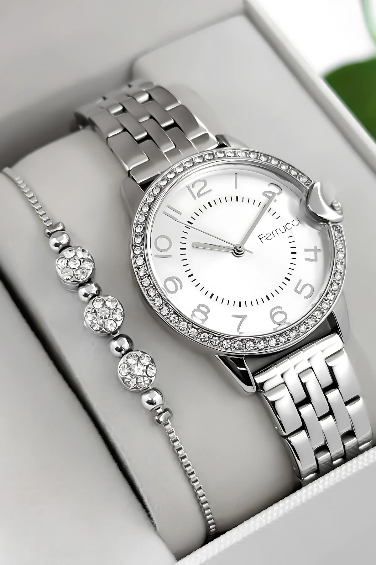 Ferrucci Taş Detaylı Kasa, Çelik Kordon Çelik Kasa Kadın Kol Saati, Gümüş zmfer200