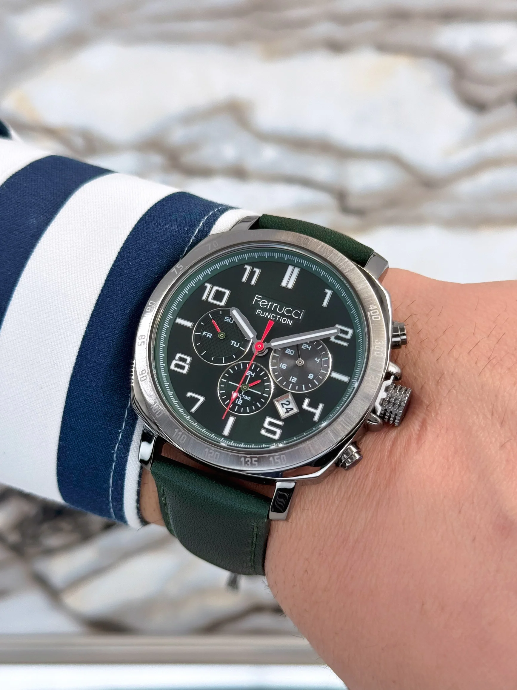 Ferrucci Yeşil Deri Kordon, Çelik Kasa Function Rakamlı Erkek Kol Saati+Bileklik zmfer079