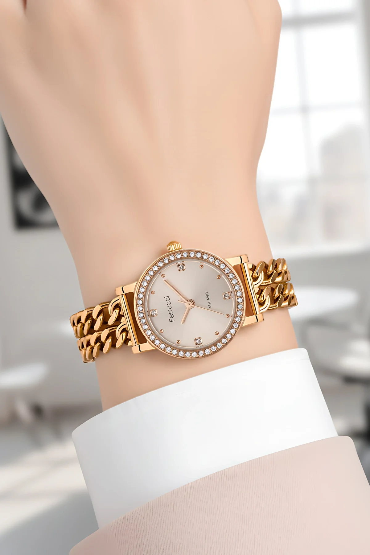 Ferrucci Zincir Model Kordon Çelik Kasa Kadın Kol Saati Bileklik Hediye Rose Renk zmfer206