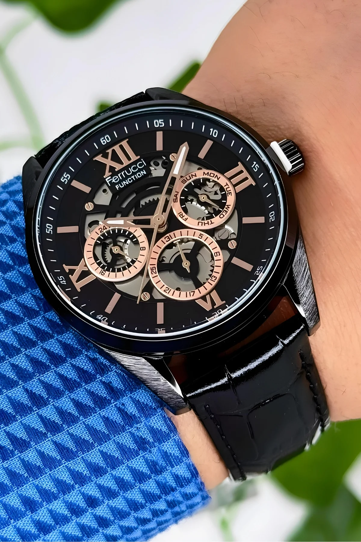 Ferrucci Function Erkek Kol Saati Siyah Deri Kordon Bileklik Hediyeli 3ATM Suya Dayanıklılık