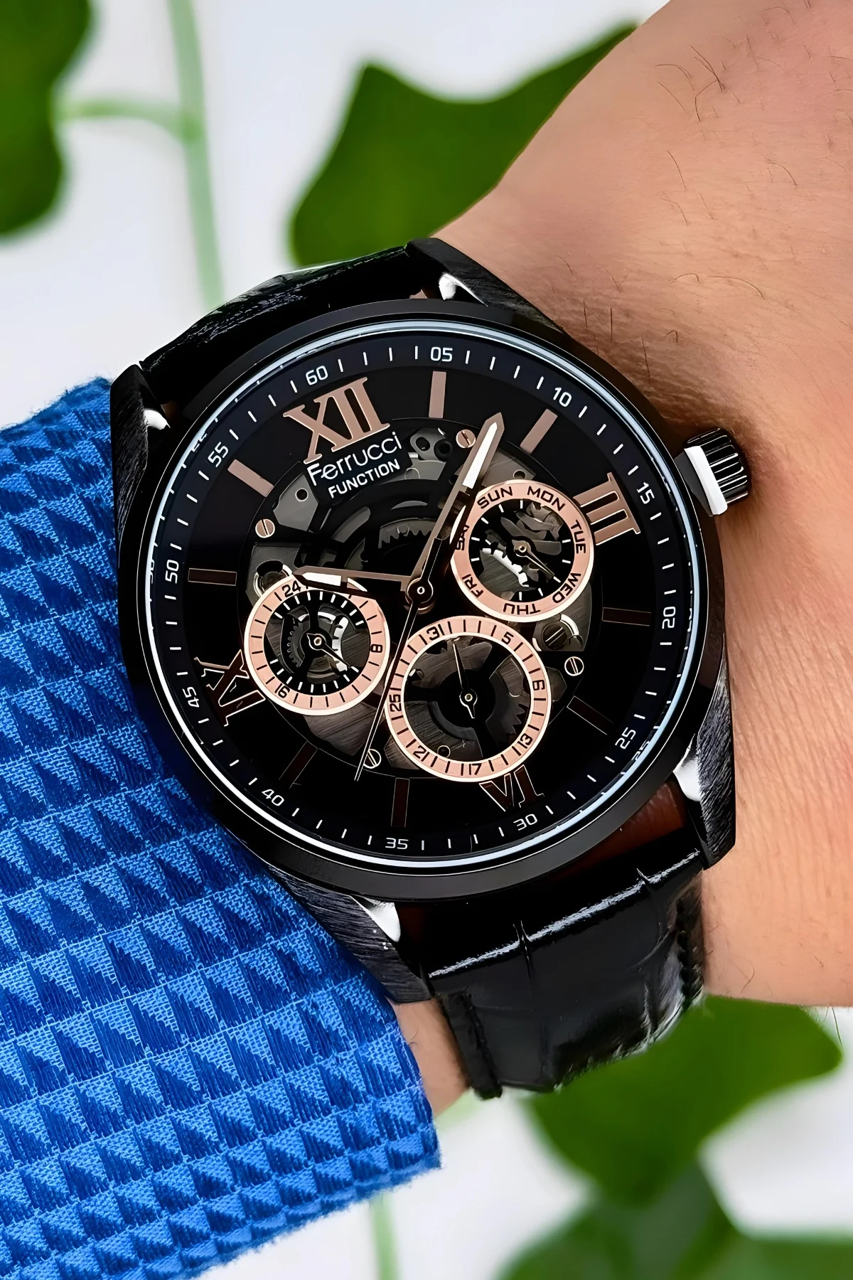 Ferrucci Function Erkek Kol Saati Siyah Deri Kordon Bileklik Hediyeli 3ATM Suya Dayanıklılık