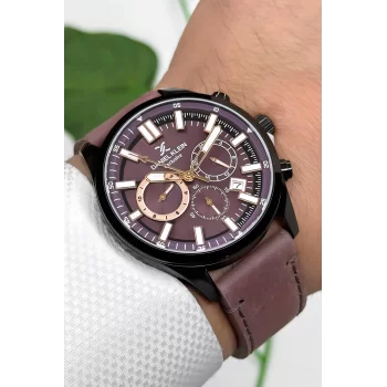 Daniel Klein Exclusive Kahverengi Deri Kordon Siyah Çelik Kasa Erkek Kol Saati+Bileklik zmdk1171