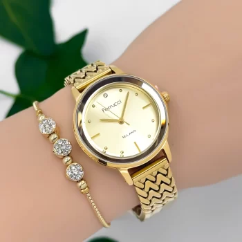 Ferrucci Kadın Kol Saati Çelik Kordon Çelik Kasa Taşlı Bileklik Hediyesi ile Gold zmfer045