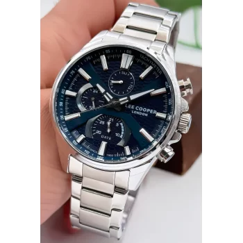 Lee Cooper LC07801.390 Gümüş Renk Çelik Kordon Erkek Kol Saati 3ATM+Bileklik Gümüş-Mavi ZMLC017
