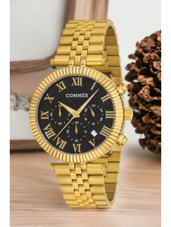 Commes Gold-Siyah Renk Crono Çelik Kordon Erkek Kol Saati Full Fonksiyon+Bileklik zmcms036