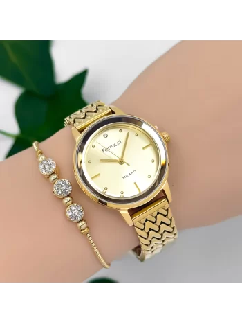 Ferrucci Kadın Kol Saati Çelik Kordon Çelik Kasa Taşlı Bileklik Hediyesi ile Gold zmfer045
