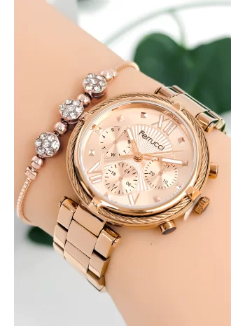 Ferrucci Kadın Kol Saati Çelik Kordon Çelik Kasa Taşlı Bileklik Hediyesi ile Rose zmfer045