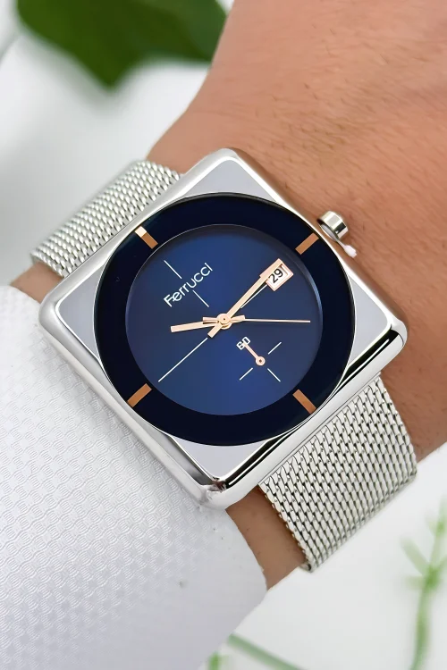 Ferrucci Takvimli Erkek Kol Saati Çelik Kasa & Çelik Kordon Gümüş-Mavi zmfer183