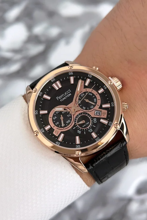 Ferrucci Function Deri Kordon Erkek Kol Saati Rose-Siyah zmfer068