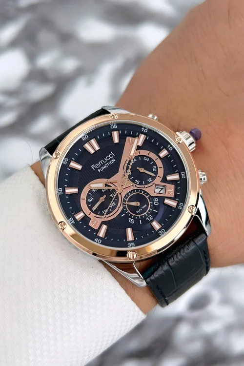 Ferrucci Function Deri Kordon Erkek Kol Saati Rose-Mavi zmfer068