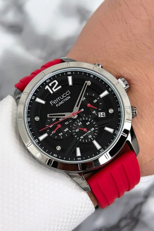 Ferrucci Function Silikon Kordon 3 ATM Erkek Saat Füme-Kırmızı zmfer067