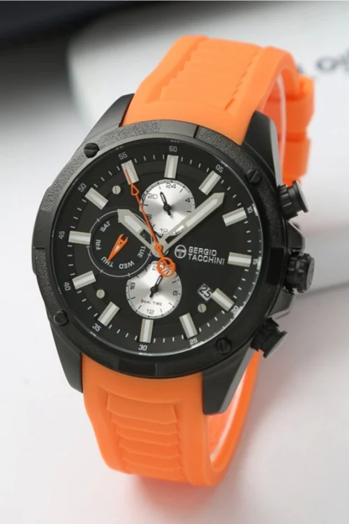 Sergio Tacchini Silikon Kordon Erkek Kol Saati, Çelik Kasa Full Fonksiyon Premium Ürün Siyah-Turuncu