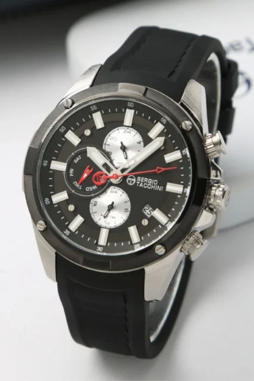 Sergio Tacchini Silikon Kordon Erkek Kol Saati, Çelik Kasa Full Fonksiyon Premium Ürün Siyah-Gümüş S