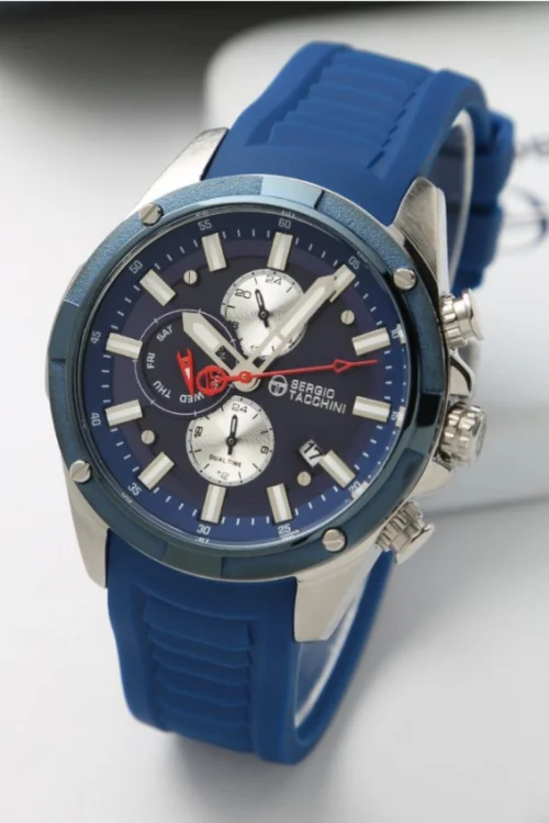 Sergio Tacchini Silikon Kordon Erkek Kol Saati, Çelik Kasa Full Fonksiyon Premium Ürün Mavi-Gümüş ST