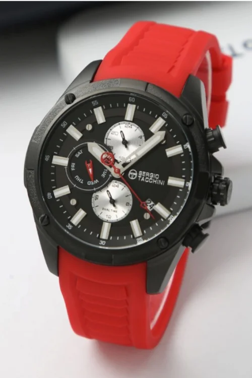 Sergio Tacchini Silikon Kordon Erkek Kol Saati, Çelik Kasa Full Fonksiyon Premium Ürün Siyah-Kırmızı