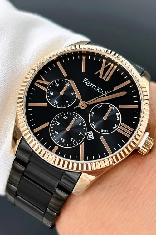 Ferrucci Takvim Özellikli Rose Gold Çelik Kasa, Siyah Çelik Kordon Erkek Kol Saati zmfer065