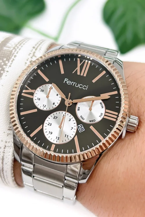 Ferrucci Erkek Kol Saati Takvimli Gümüş-Siyah Çelik Kordon 3atm Suya Dayanıklılık Bileklik Hediyesiyle