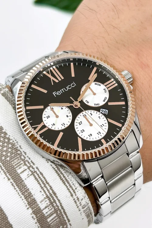 Ferrucci Takvimli Erkek Kol Saati Hematit Doğal Taş Bileklik Hediyeli