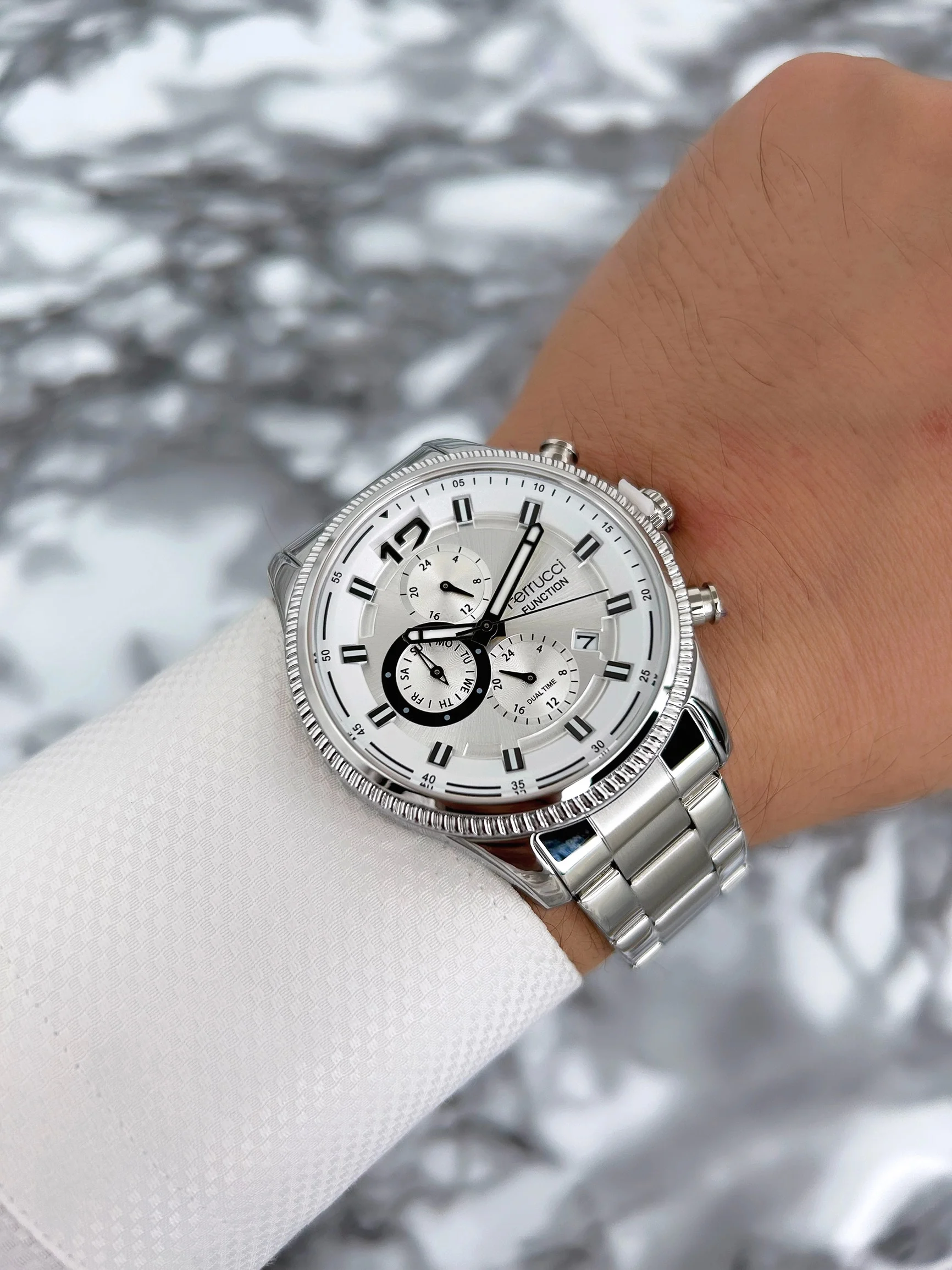 Ferrucci Gümüş-Beyaz Erkek Kol Saati Çelik Kordon Function zmfer073