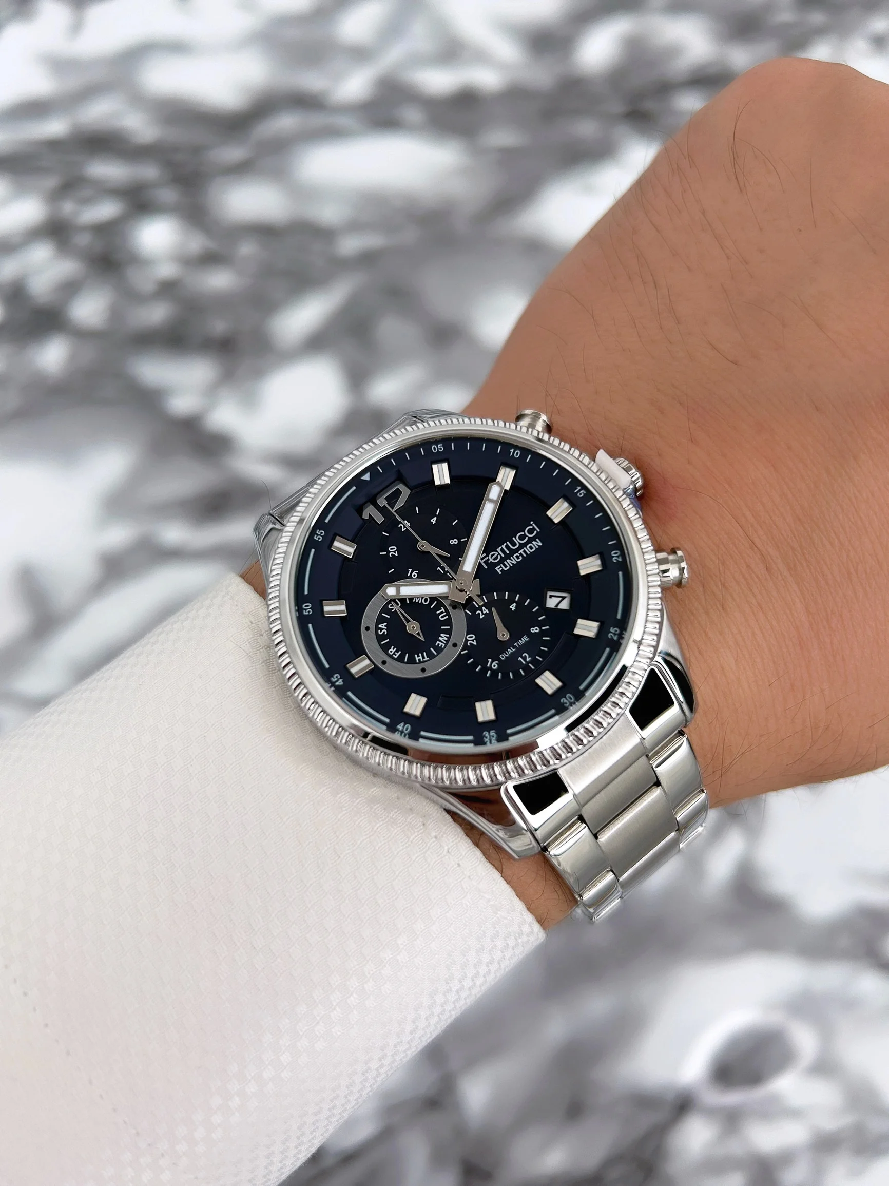 Ferrucci Gümüş-Mavi Erkek Kol Saati Çelik Kordon Function zmfer073