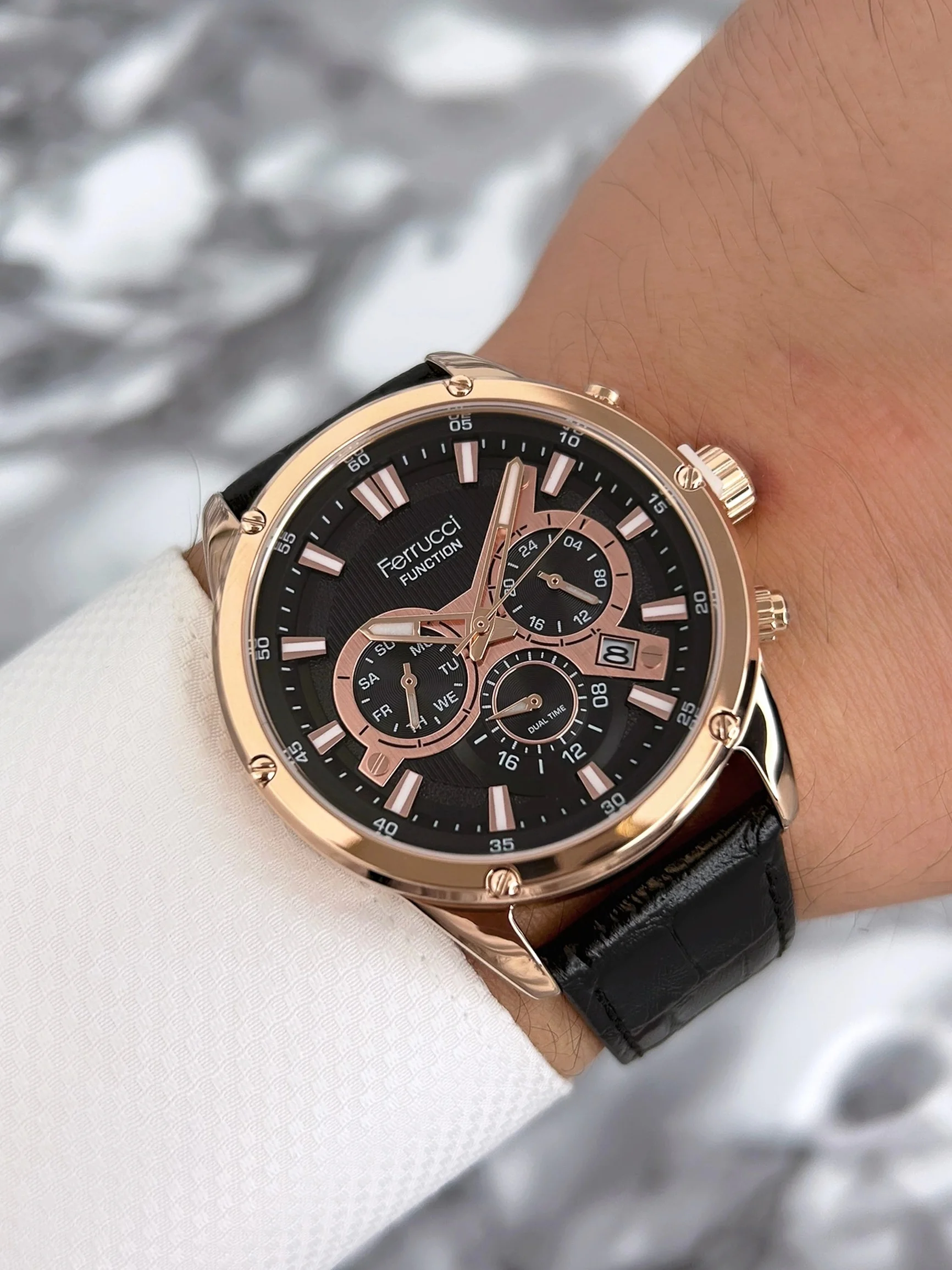 Ferrucci Function Deri Kordon Erkek Kol Saati Rose-Siyah zmfer068