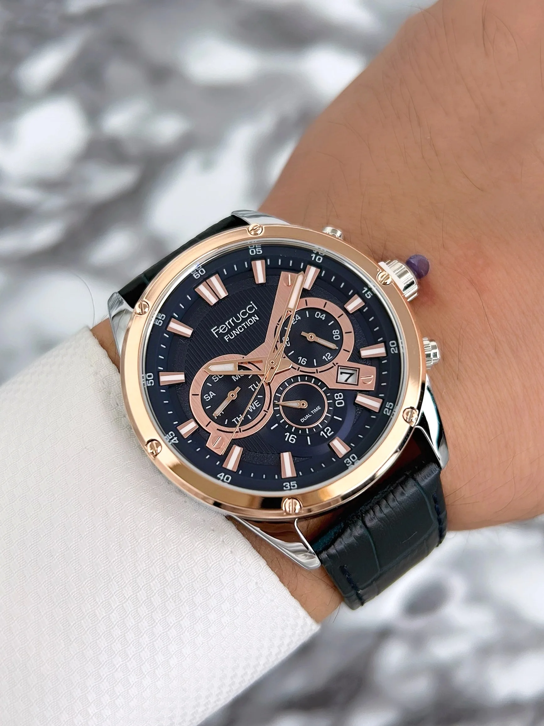 Ferrucci Function Deri Kordon Erkek Kol Saati Rose-Mavi zmfer068
