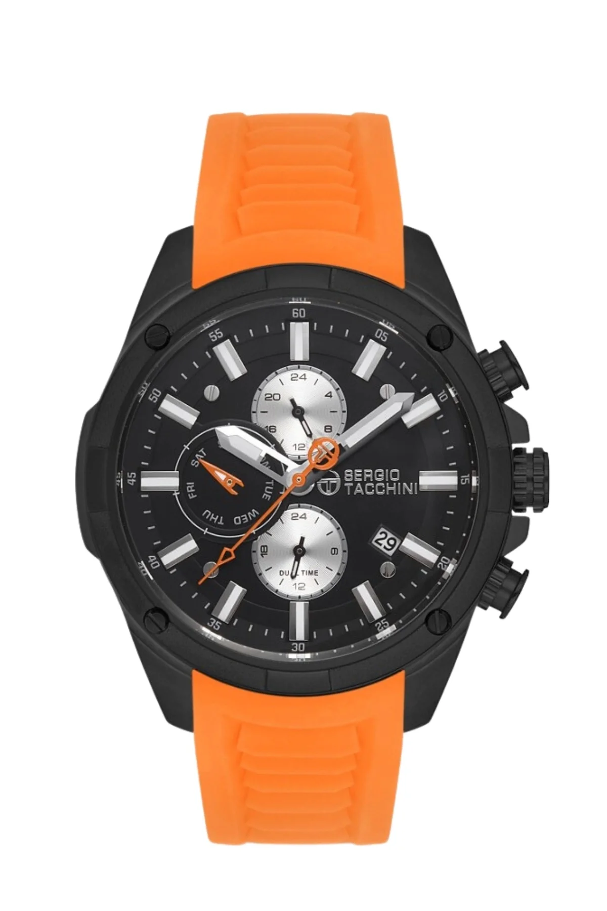 Sergio Tacchini Silikon Kordon Erkek Kol Saati, Çelik Kasa Full Fonksiyon Premium Ürün Siyah-Turuncu