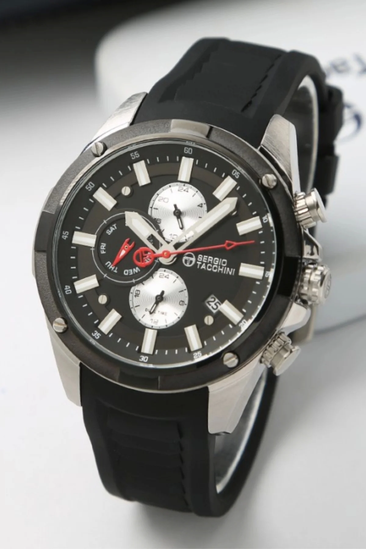 Sergio Tacchini Silikon Kordon Erkek Kol Saati, Çelik Kasa Full Fonksiyon Premium Ürün Siyah-Gümüş S