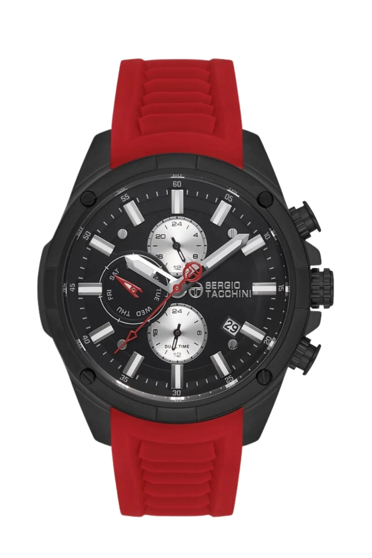 Sergio Tacchini Silikon Kordon Erkek Kol Saati, Çelik Kasa Full Fonksiyon Premium Ürün Siyah-Kırmızı