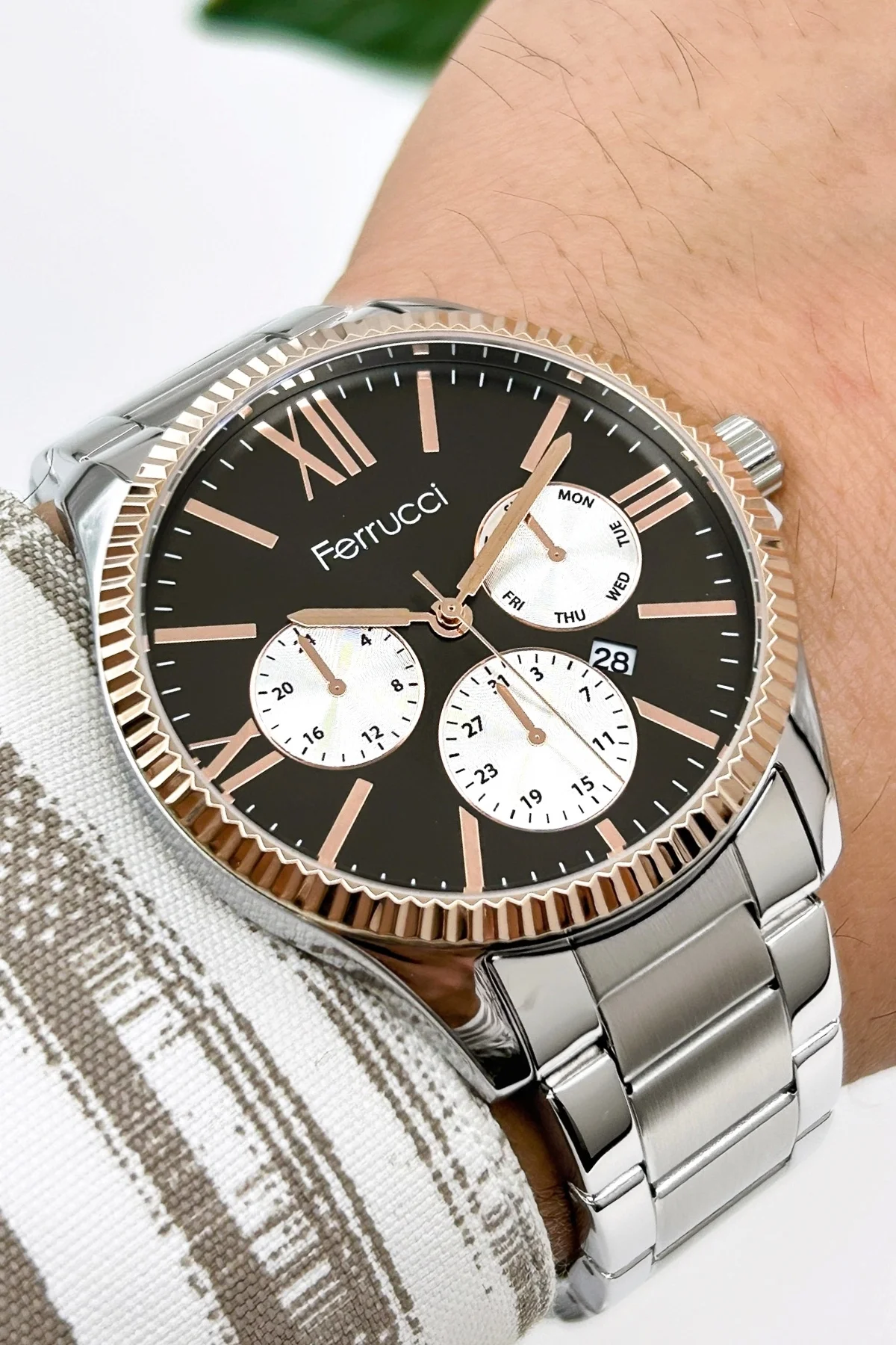 Ferrucci Takvimli Erkek Kol Saati Hematit Doğal Taş Bileklik Hediyeli