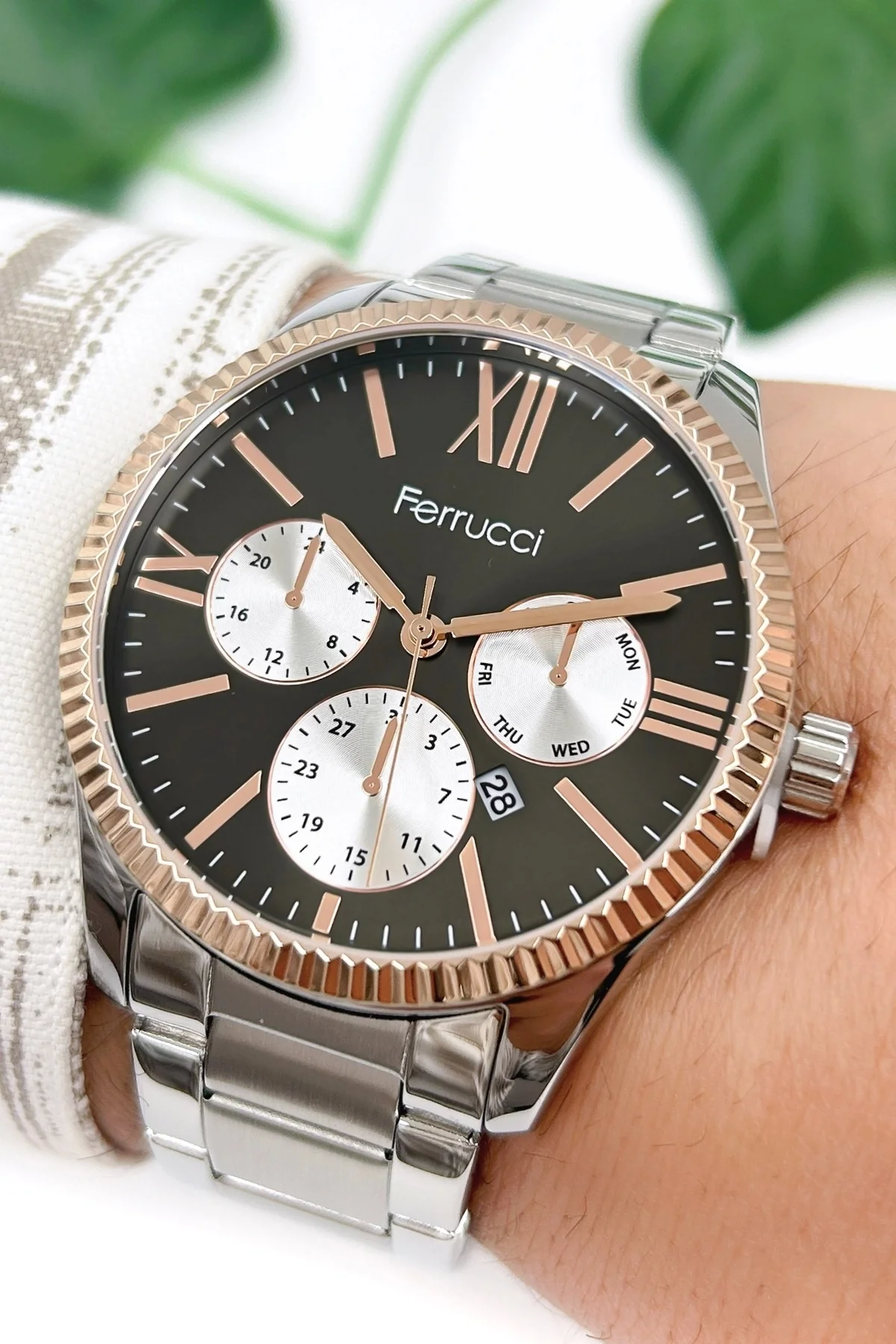 Ferrucci Takvimli Erkek Kol Saati Hematit Doğal Taş Bileklik Hediyeli