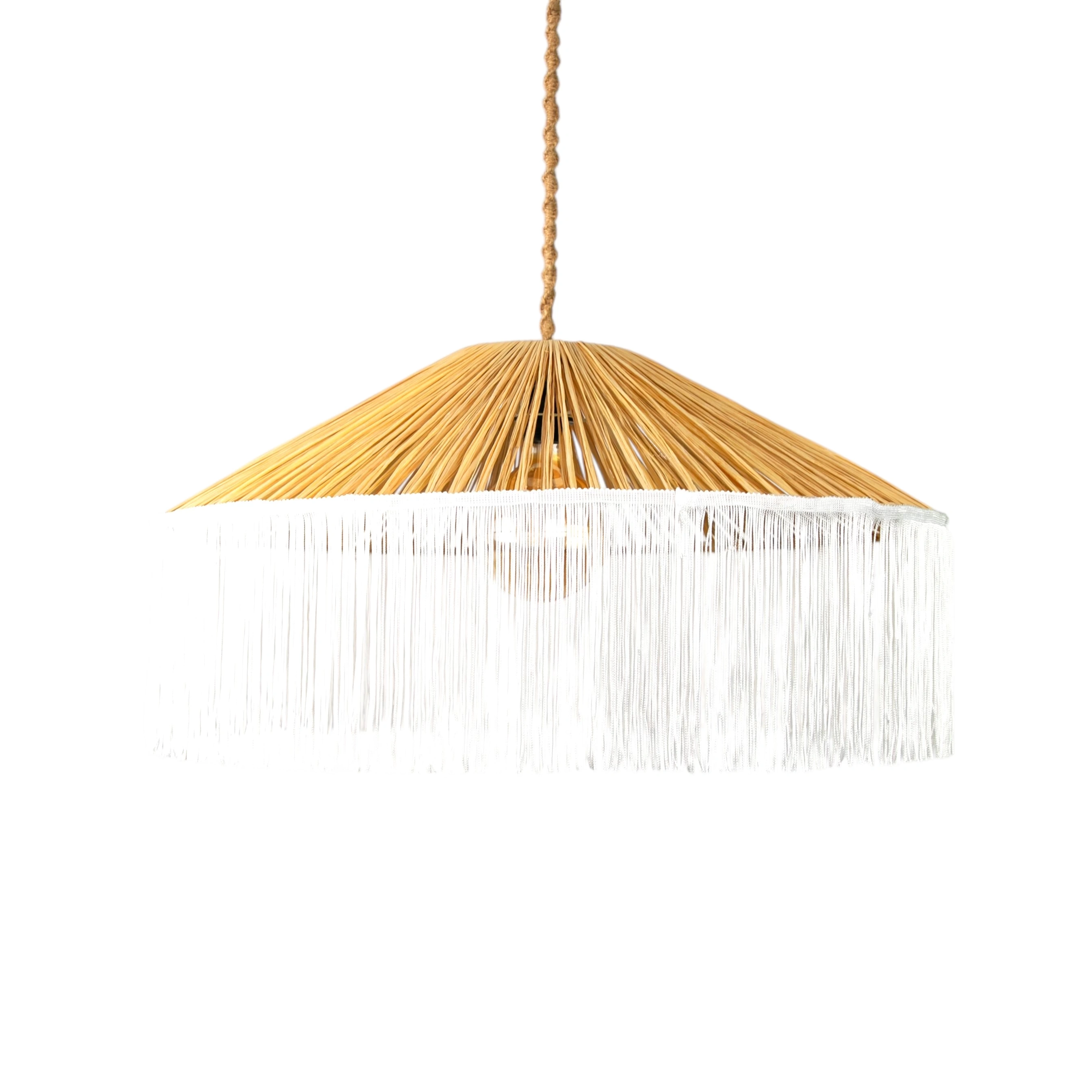 Japon Şapkası Rafya beyaz Püsküllü Avize çap 70