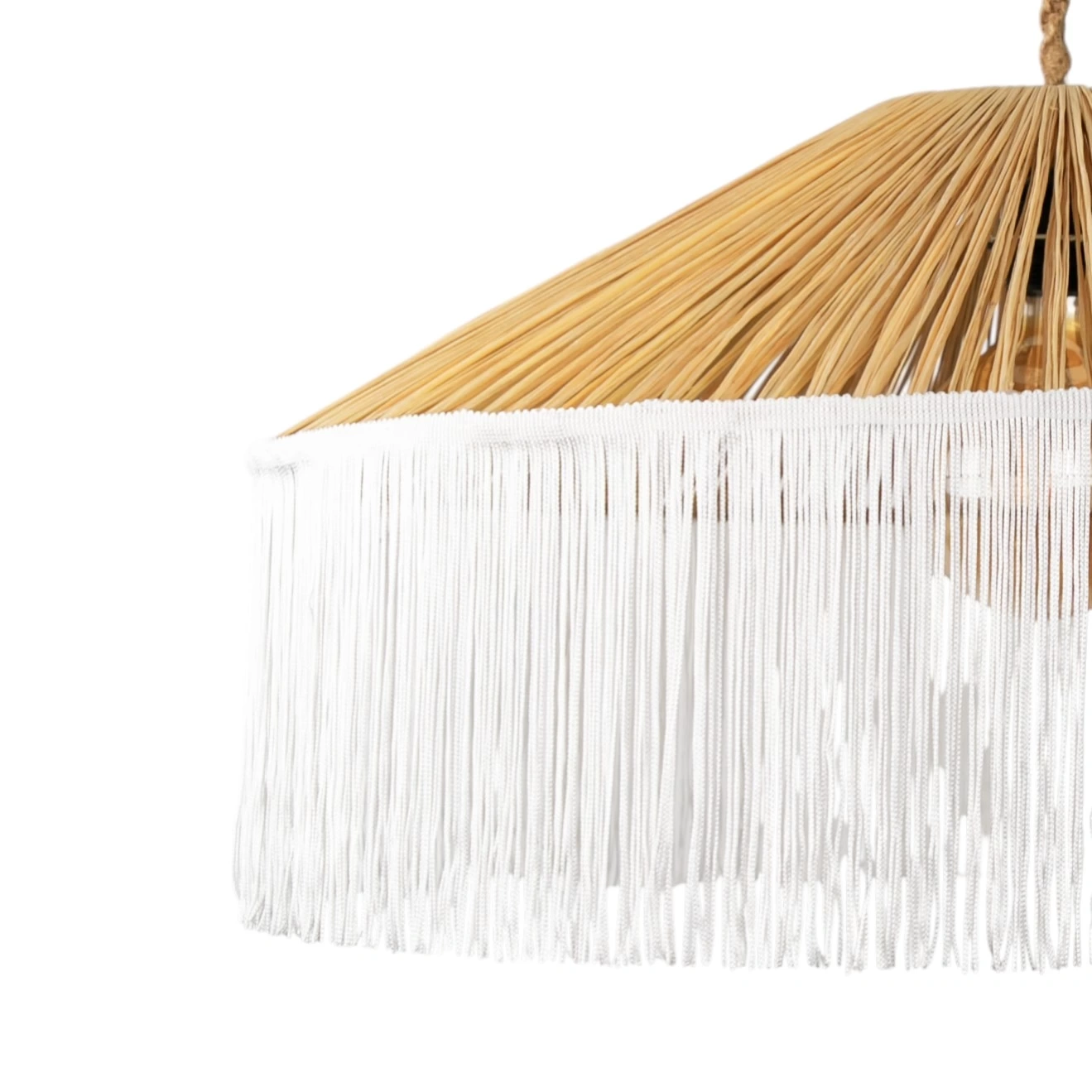 Japon Şapkası Rafya beyaz Püsküllü Avize çap 70