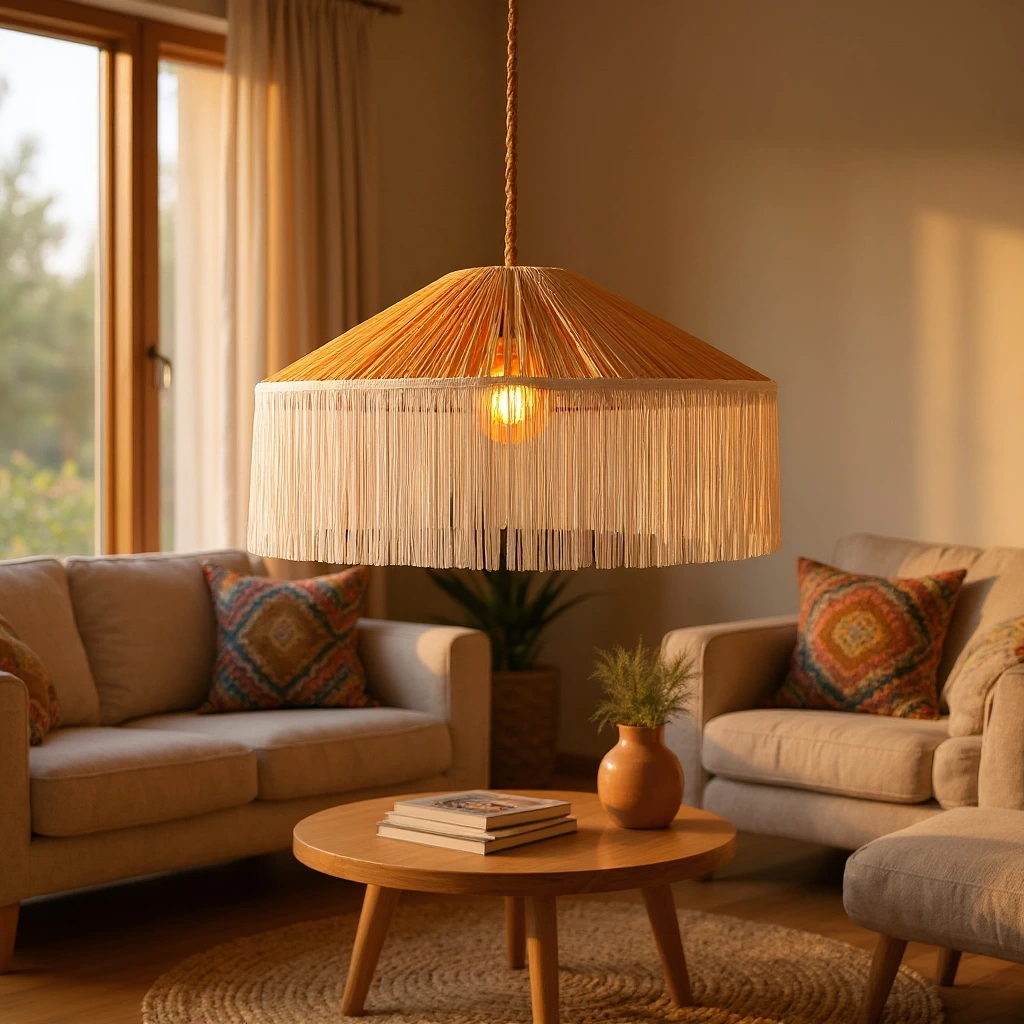 Japon Şapkası Rafya beyaz Püsküllü Avize çap 70