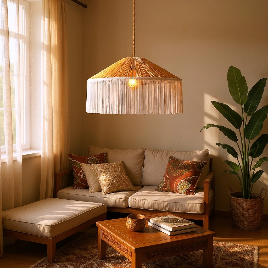 Japon Şapkası Rafya beyaz Püsküllü Avize çap 70