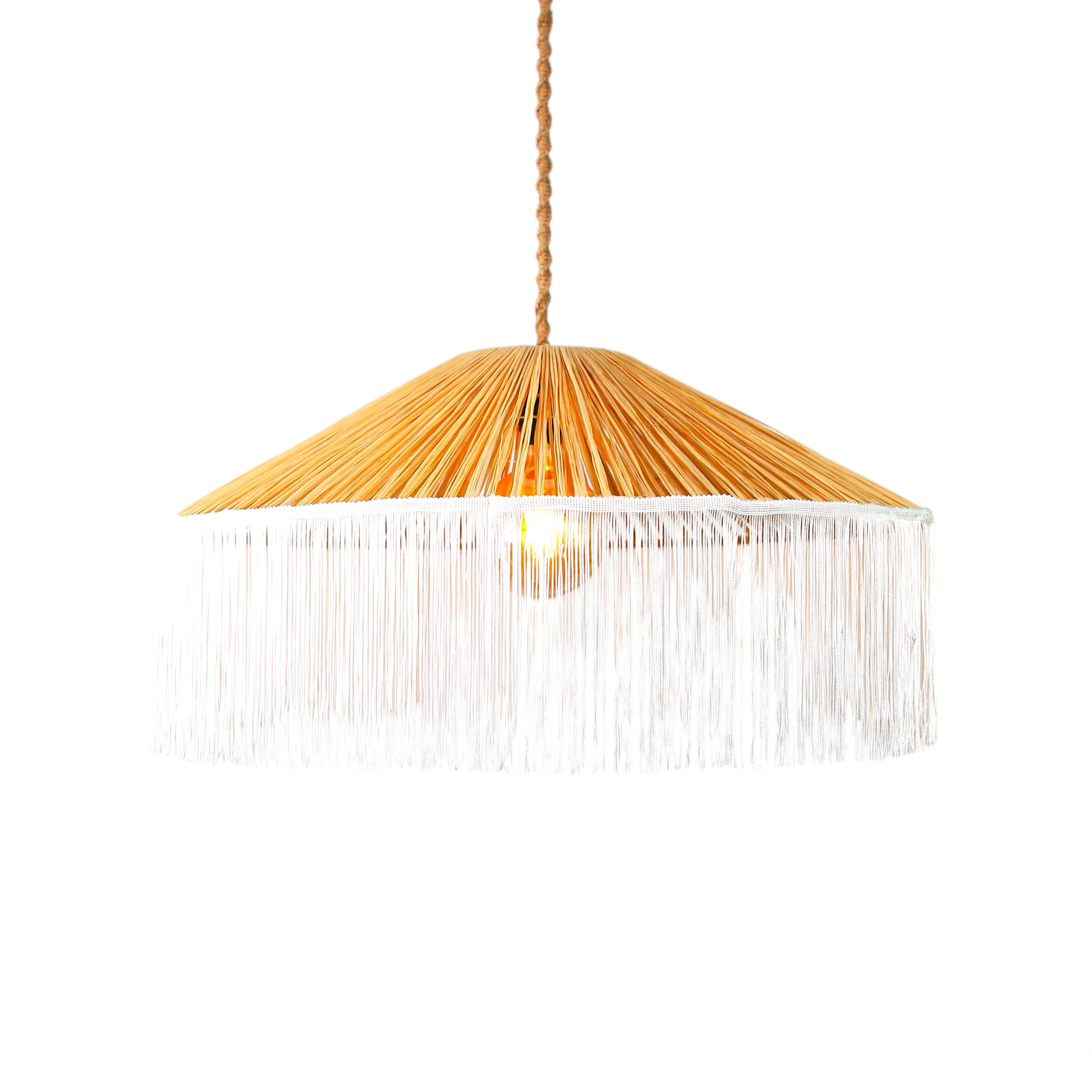 Japon Şapkası Rafya beyaz Püsküllü Avize çap 70