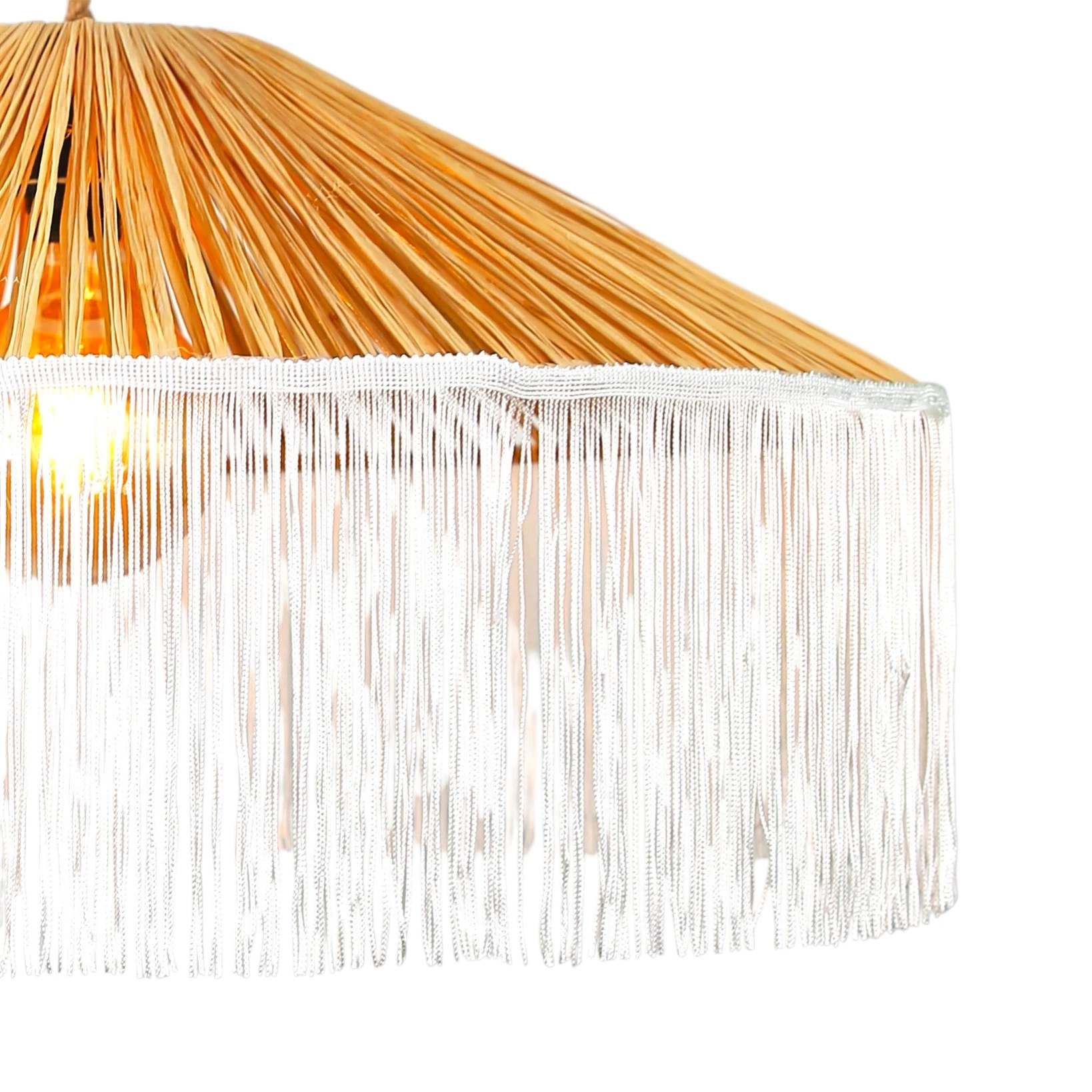 Japon Şapkası Rafya beyaz Püsküllü Avize çap 70