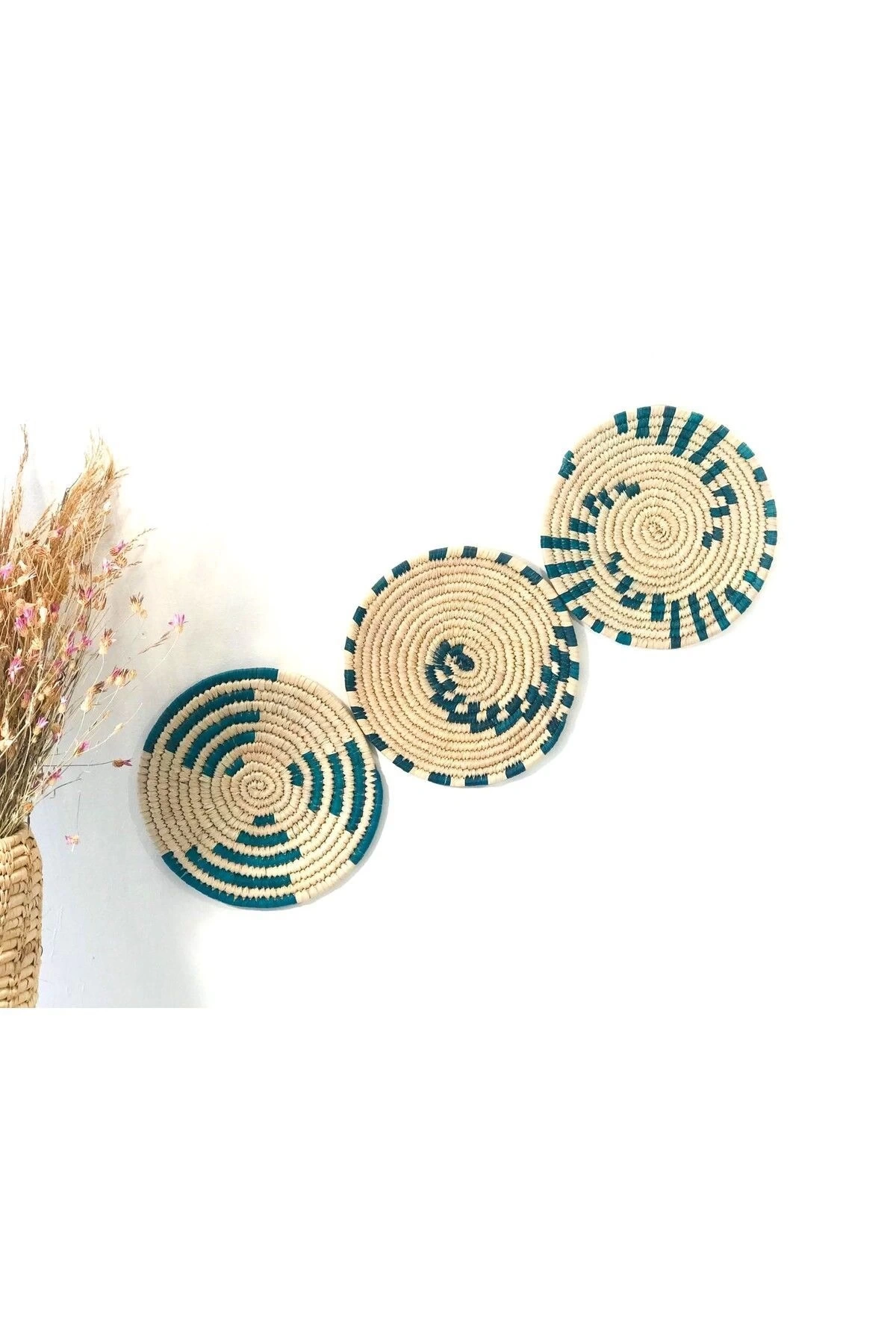 Phoenix Hasır Duvar Süsü 3Lü Set 30 Cm Turkuaz Duvar Tabağı