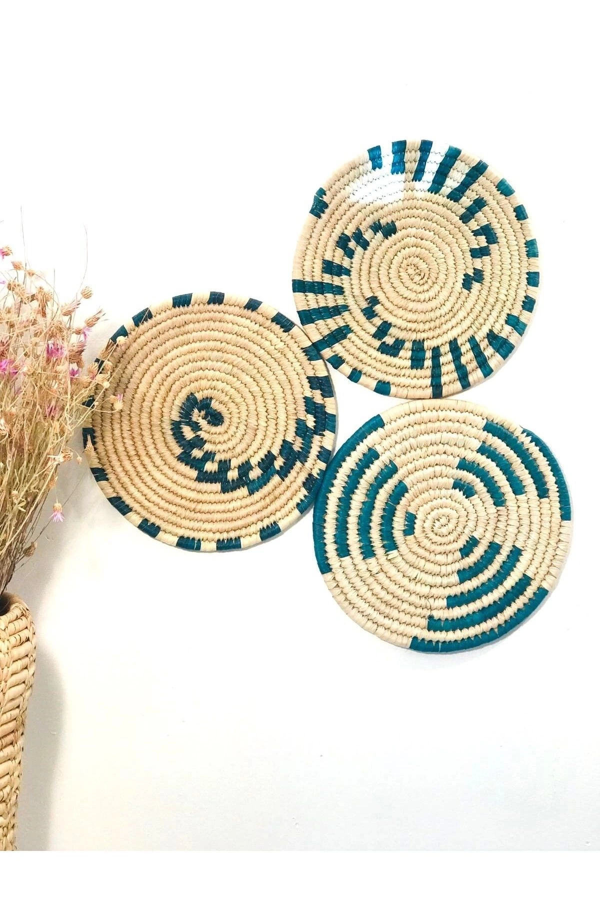 Phoenix Hasır Duvar Süsü 3Lü Set 30 Cm Turkuaz Duvar Tabağı