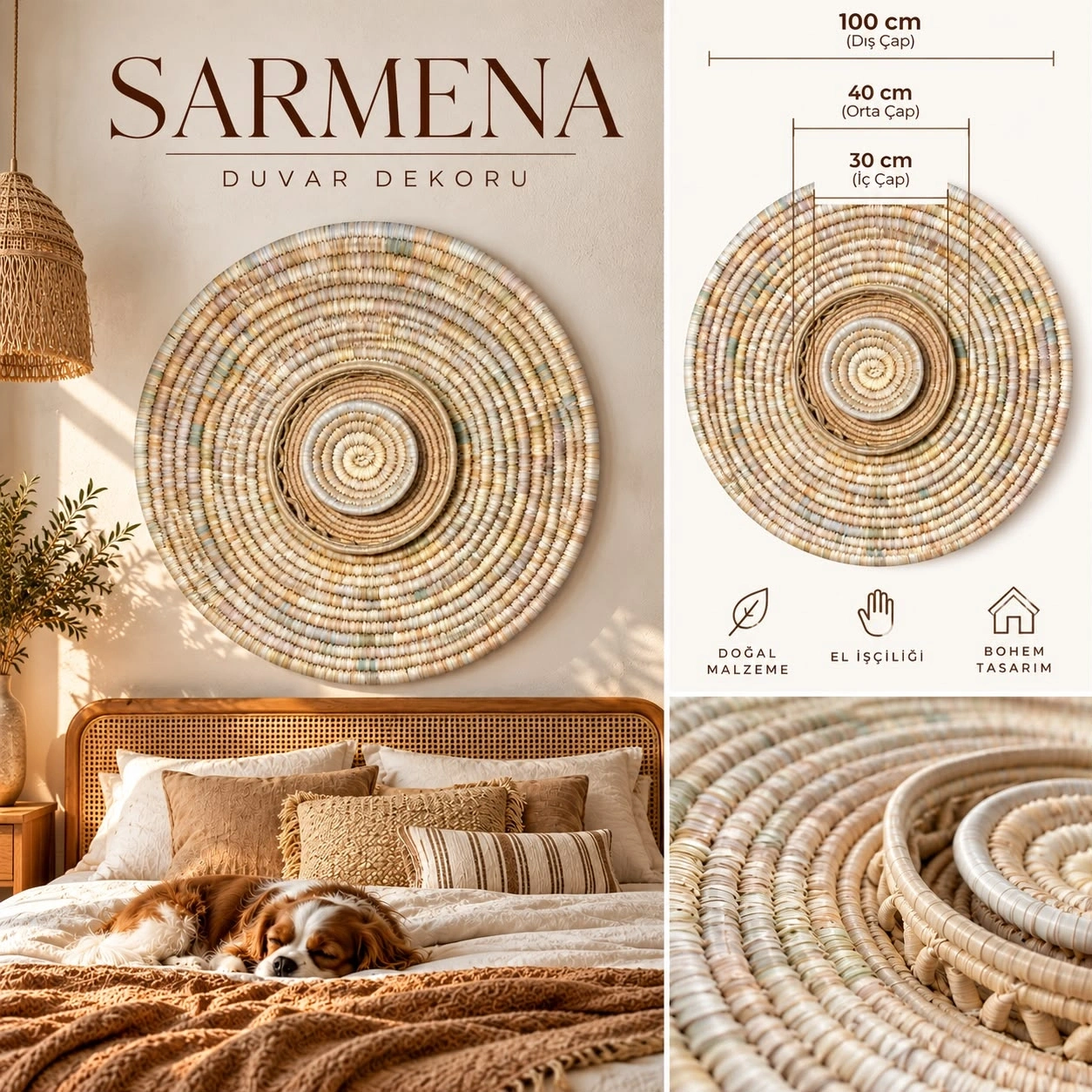 Sarmena Bohem Hasır Duvar Tabağı – 3LÜ