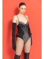 Siyah Eldiven Detaylı Askılı Taşlı Bodysuit