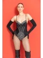 Siyah Eldiven Detaylı Askılı Taşlı Bodysuit