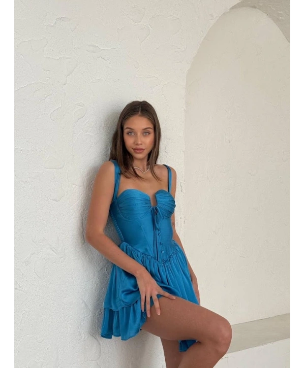 Saks Mavisi Gloplu Göğüs Dekolteli Şifon Tasarım Elbise