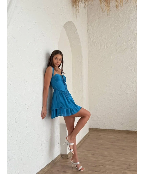 Saks Mavisi Gloplu Göğüs Dekolteli Şifon Tasarım Elbise