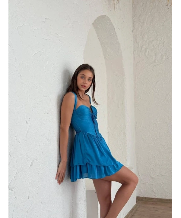 Saks Mavisi Gloplu Göğüs Dekolteli Şifon Tasarım Elbise