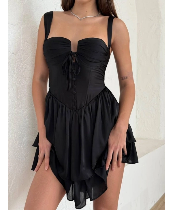 Siyah Gloplu Göğüs Dekolteli Şifon Tasarım Elbise